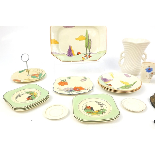 221 - Assorted Art Deco china including Clarice Cliff design dinnerware's, a bust, Myott & Son cups and sa... 