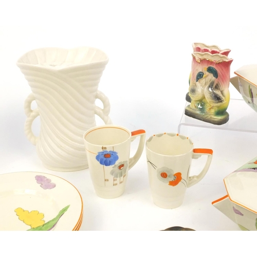 221 - Assorted Art Deco china including Clarice Cliff design dinnerware's, a bust, Myott & Son cups and sa... 