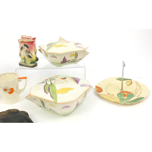 221 - Assorted Art Deco china including Clarice Cliff design dinnerware's, a bust, Myott & Son cups and sa... 