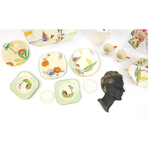 221 - Assorted Art Deco china including Clarice Cliff design dinnerware's, a bust, Myott & Son cups and sa... 