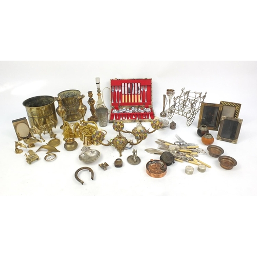 209 - Assorted metal wares including silver plated items, cutlery, brass planters, wall sconces, Middle Ea... 