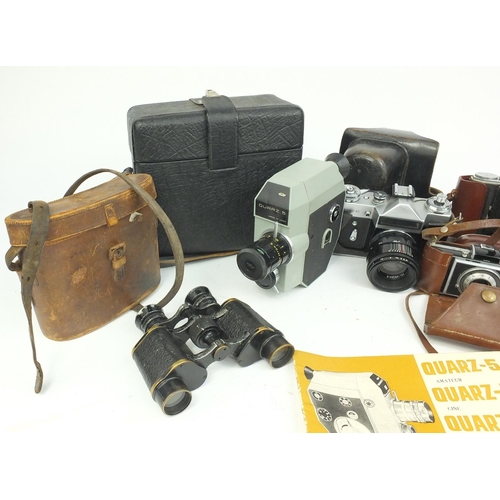 217 - Selection of vintage cameras including Kodak examples and a pair of Military interest Lemaire binocu... 