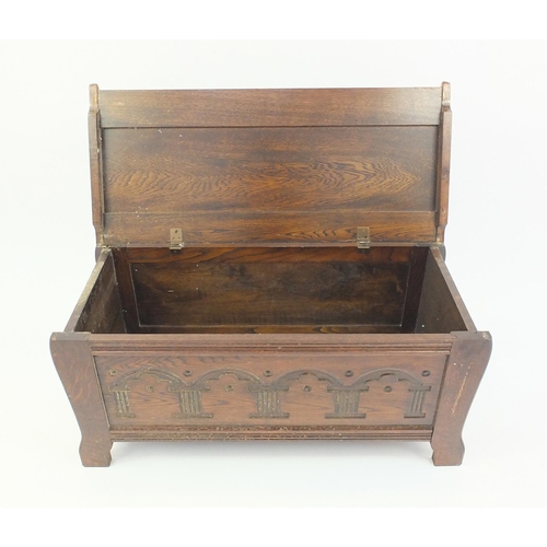 71 - Arts & Crafts carved oak blanket box, 48cm high x 95cm wide x 42cm deep