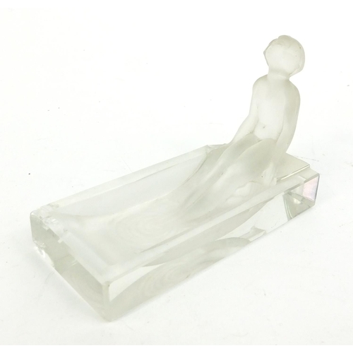 410 - Lalique style frosted and clear glass nude female pin dish, 9.7cm long