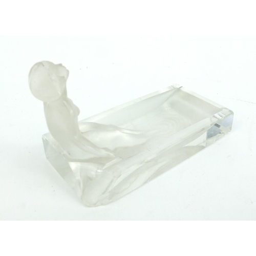 410 - Lalique style frosted and clear glass nude female pin dish, 9.7cm long