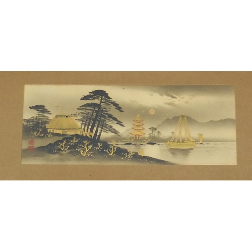 97 - Set of four gilt highlighted Oriental views of boats on a lake, each mounted and framed