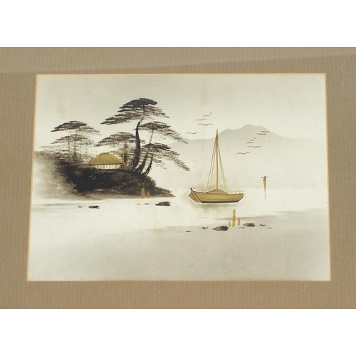 97 - Set of four gilt highlighted Oriental views of boats on a lake, each mounted and framed