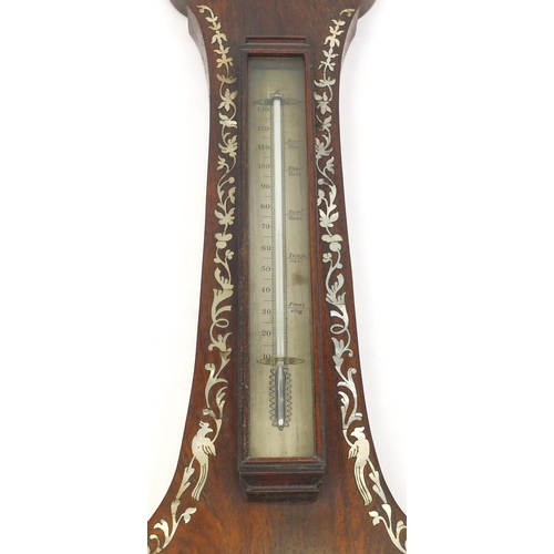 91 - Rosewood mercury barometer and thermometer with Mother of Pearl inlay, 97cm high