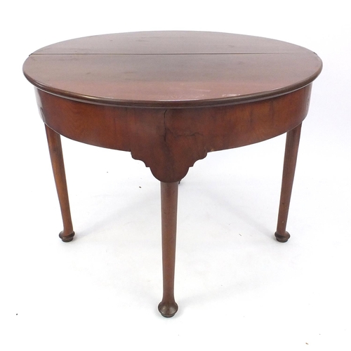 63 - Victorian Demi Lune folding tea table on cabriole legs, 74cm high x 92cm in diameter