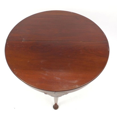 63 - Victorian Demi Lune folding tea table on cabriole legs, 74cm high x 92cm in diameter