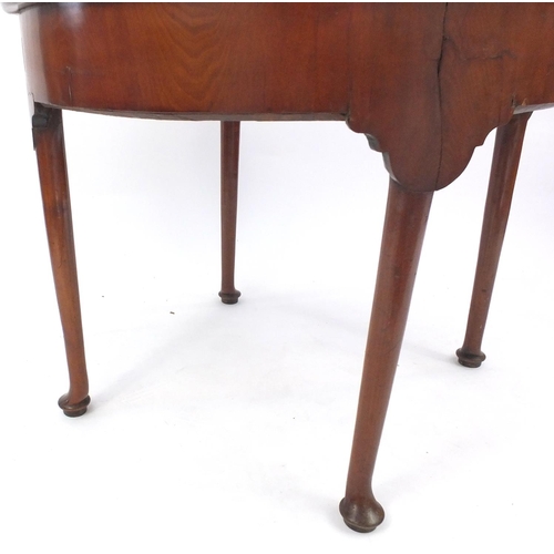 63 - Victorian Demi Lune folding tea table on cabriole legs, 74cm high x 92cm in diameter