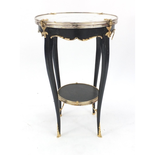 2 - Circular ebonised occasional table with marble top and gilded mounts