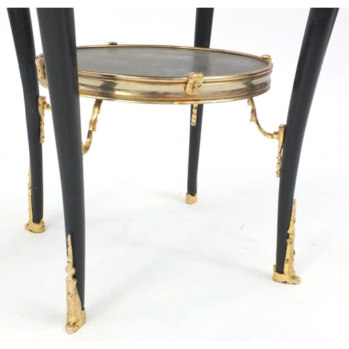 2 - Circular ebonised occasional table with marble top and gilded mounts