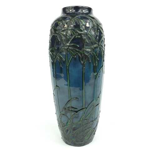 126 - German Art Nouveau Max Laeuger pottery vase, relief decorated with bamboo, 32cm high