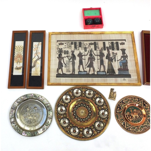 210 - Collection of Oriental and Middle Eastern items including framed displays, Mexican Alpaca Abalone in... 