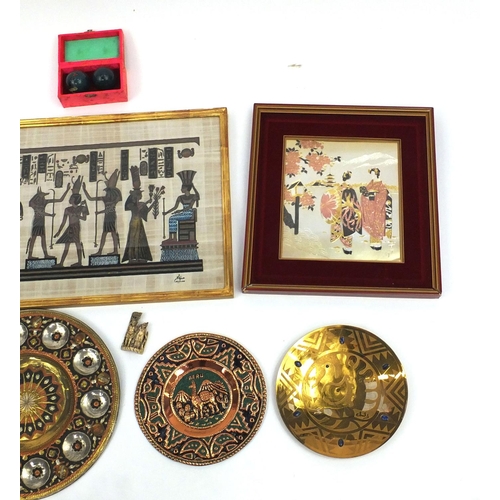 210 - Collection of Oriental and Middle Eastern items including framed displays, Mexican Alpaca Abalone in... 