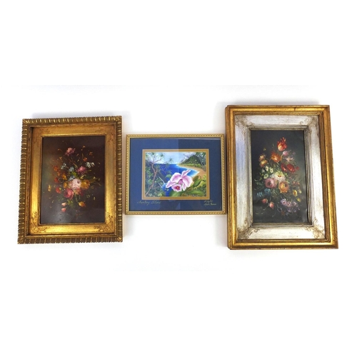 412 - Two gilt framed still life oil paintings together with a print of Hawaii, the largest 24cm x 14.5cm ... 