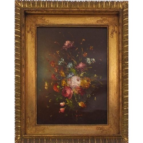 412 - Two gilt framed still life oil paintings together with a print of Hawaii, the largest 24cm x 14.5cm ... 