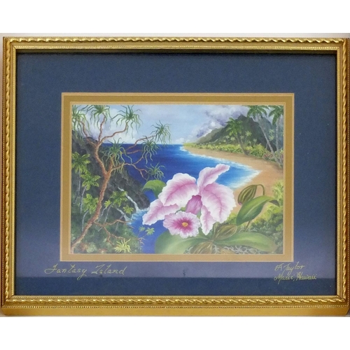 412 - Two gilt framed still life oil paintings together with a print of Hawaii, the largest 24cm x 14.5cm ... 