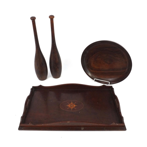 179 - Pair of wooden jugglers sticks, turned wooden fruit bowl and Edwardian inlaid mahogany tray, the tra... 