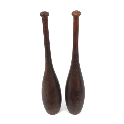 179 - Pair of wooden jugglers sticks, turned wooden fruit bowl and Edwardian inlaid mahogany tray, the tra... 