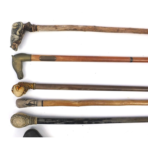 157 - Five wooden walking canes together with a shooting stick