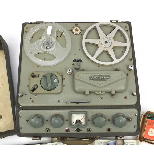 216 - British ferrograph reel to reel tape recorder with a selection of tapes, manuals and a selection of ... 