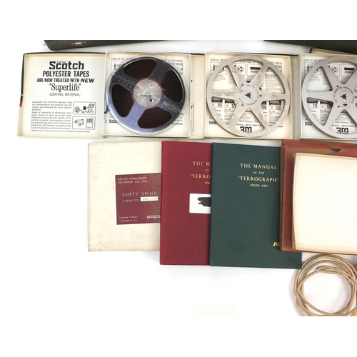 216 - British ferrograph reel to reel tape recorder with a selection of tapes, manuals and a selection of ... 