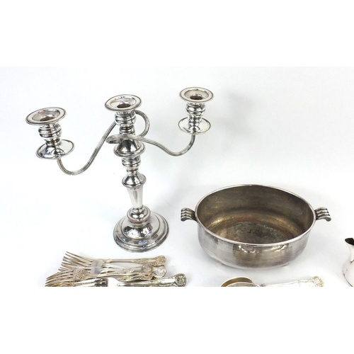 199 - Silver plated items including a large selection of cutlery some with ivory handles, three branch can... 