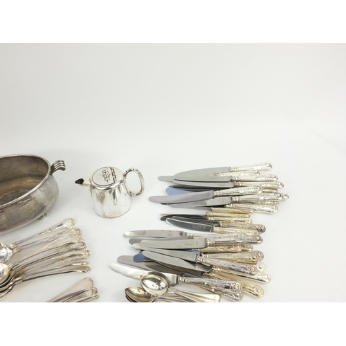 199 - Silver plated items including a large selection of cutlery some with ivory handles, three branch can... 