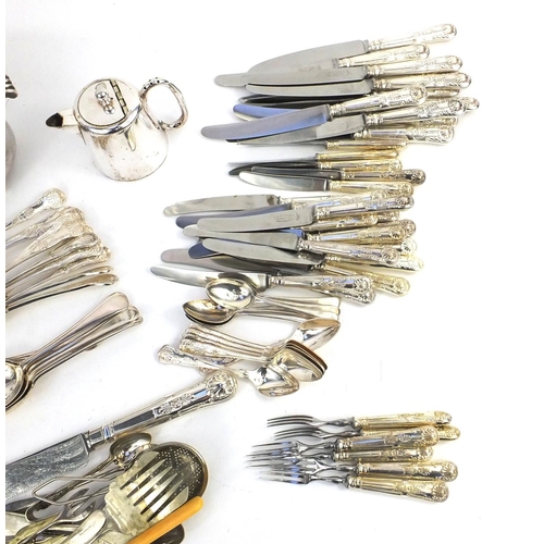 199 - Silver plated items including a large selection of cutlery some with ivory handles, three branch can... 