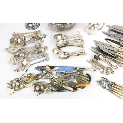 199 - Silver plated items including a large selection of cutlery some with ivory handles, three branch can... 