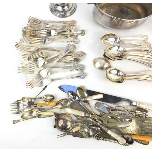 199 - Silver plated items including a large selection of cutlery some with ivory handles, three branch can... 