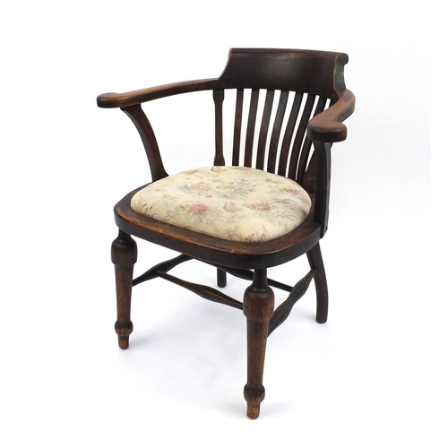 10A - Mahogany slat back smokers chair with needlepoint drop in seat