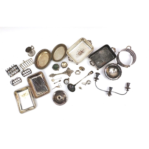 196 - Silver plated items including a lidded entrée dish, toast racks, salts etc