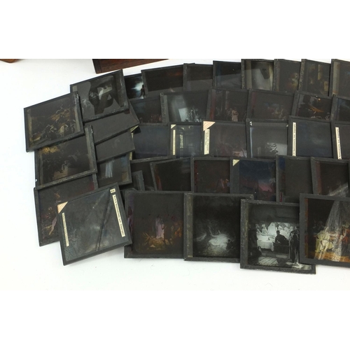 421 - Box of glass magic lantern slides including coloured examples