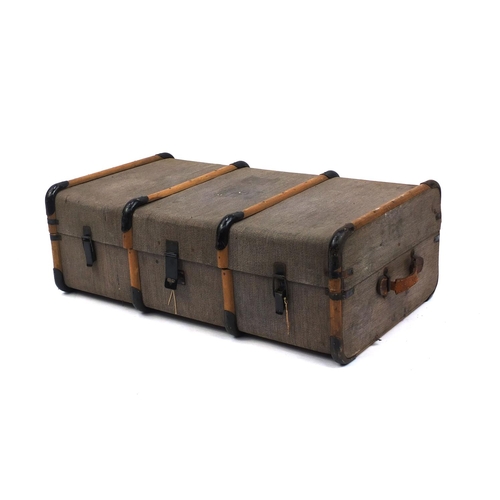 2056 - Vintage canvas and wooden bound travelling trunk with leather carrying handles and tray, 32cm high 9... 