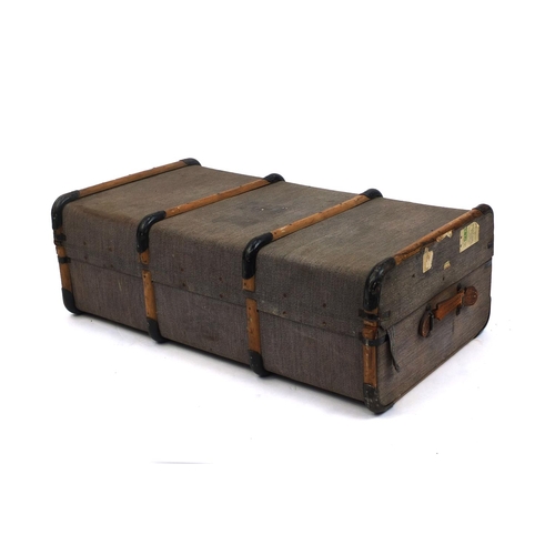 2056 - Vintage canvas and wooden bound travelling trunk with leather carrying handles and tray, 32cm high 9... 
