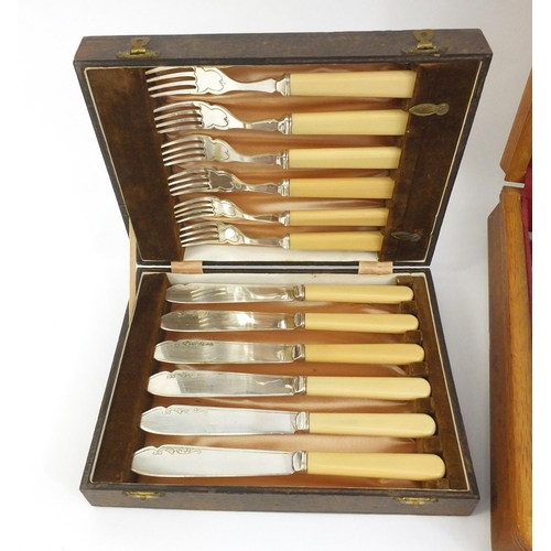 100 - Oak canteen of James Ryals silver plated cutlery, retailed by James Walker London, and a cased set o... 