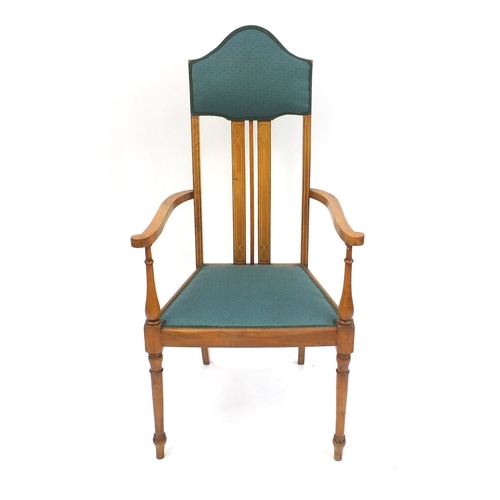 59 - Edwardian inlaid high back open arm chair with green upholstery, 120cm high