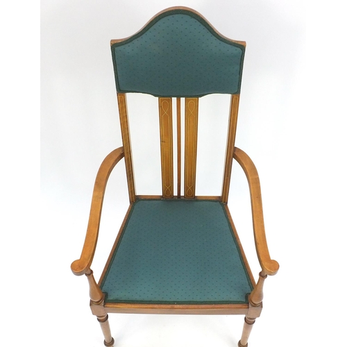 59 - Edwardian inlaid high back open arm chair with green upholstery, 120cm high