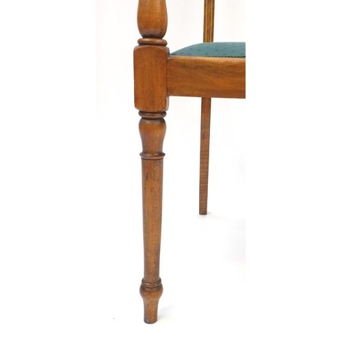 59 - Edwardian inlaid high back open arm chair with green upholstery, 120cm high