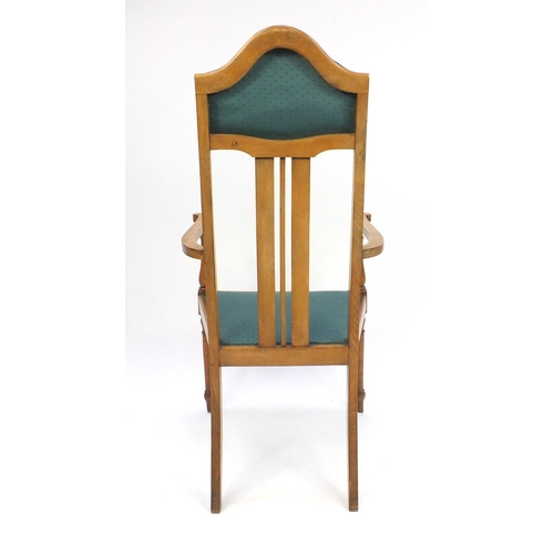 59 - Edwardian inlaid high back open arm chair with green upholstery, 120cm high