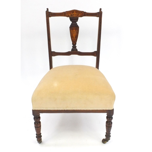 83 - Edwardian inlaid mahogany occasional chair with beige upholstered seat