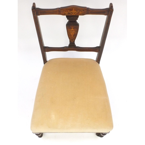 83 - Edwardian inlaid mahogany occasional chair with beige upholstered seat