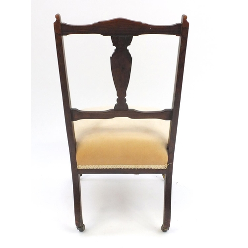 83 - Edwardian inlaid mahogany occasional chair with beige upholstered seat