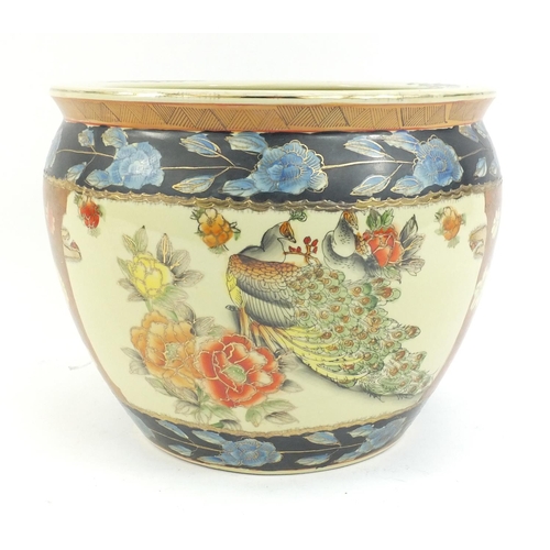 268 - Chinese porcelain planter decorated with peacocks and fish, 25cm high x 32cm in diameter