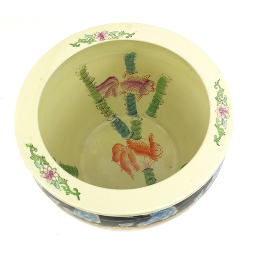 268 - Chinese porcelain planter decorated with peacocks and fish, 25cm high x 32cm in diameter