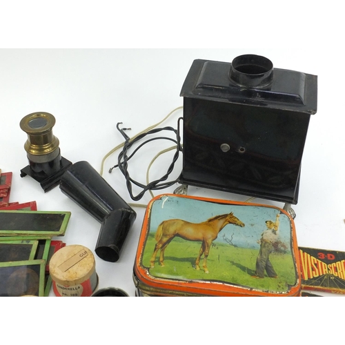 180 - Vintage items including art studies nude 3D slides, spectacle, tin plate magic lantern and slides