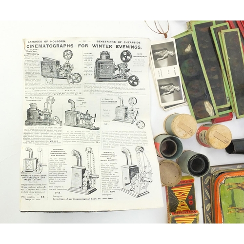 180 - Vintage items including art studies nude 3D slides, spectacle, tin plate magic lantern and slides